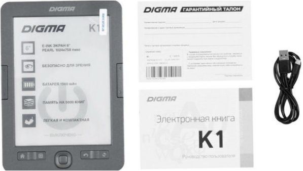 6" E-book DIGMA K1 - dydis: 116x164x9,5 mm, svoris: 150g