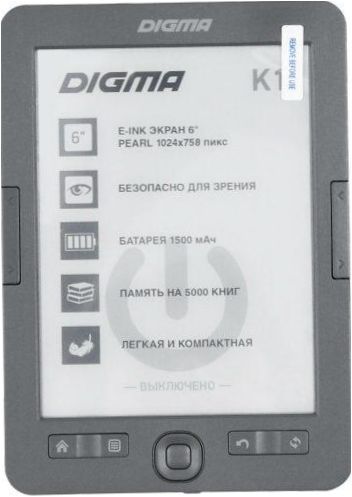 6" E-book DIGMA K1 - dydis: 113x160x9mm, svoris: 174g